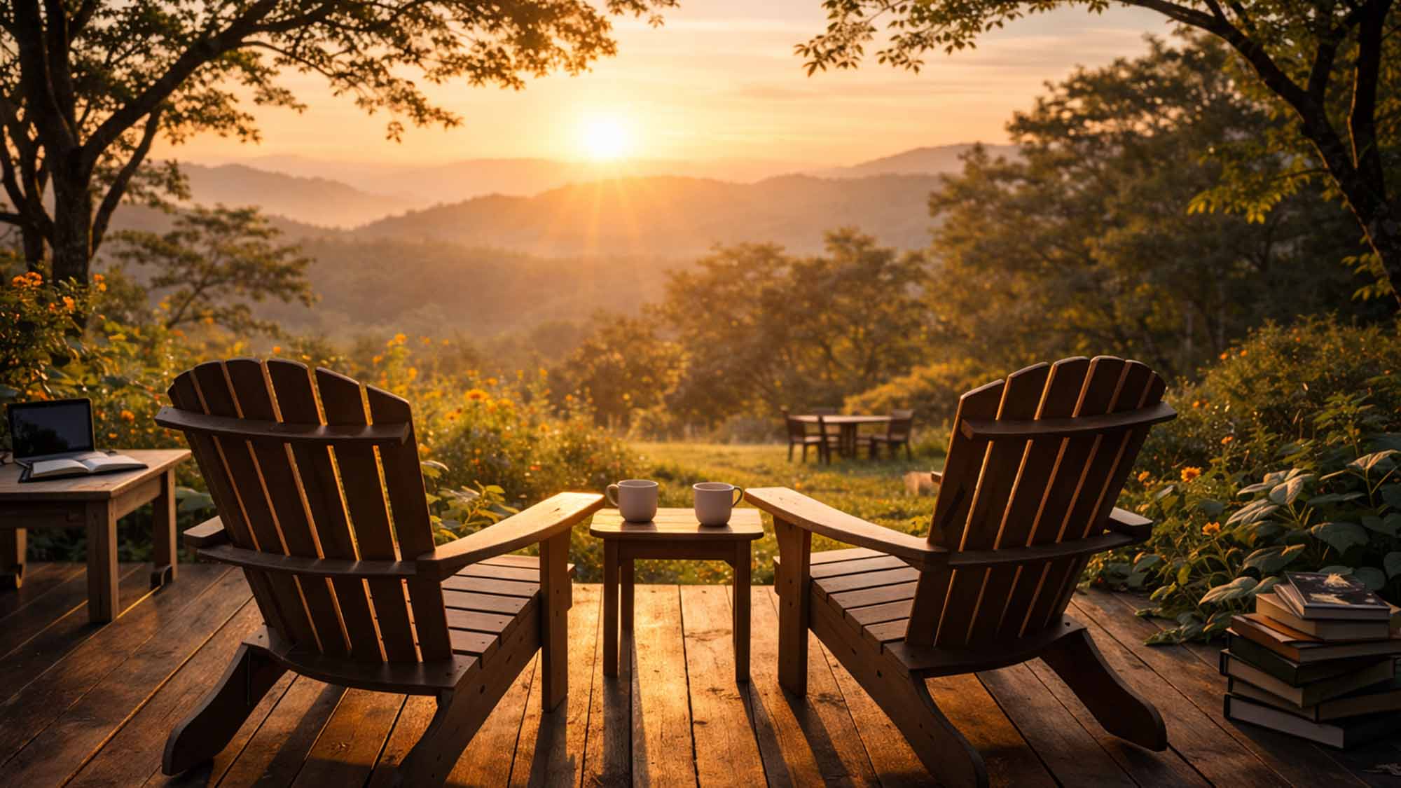 two wooden chairs on a wooden deck and a small table between with two coffee cups on it facing the natural light