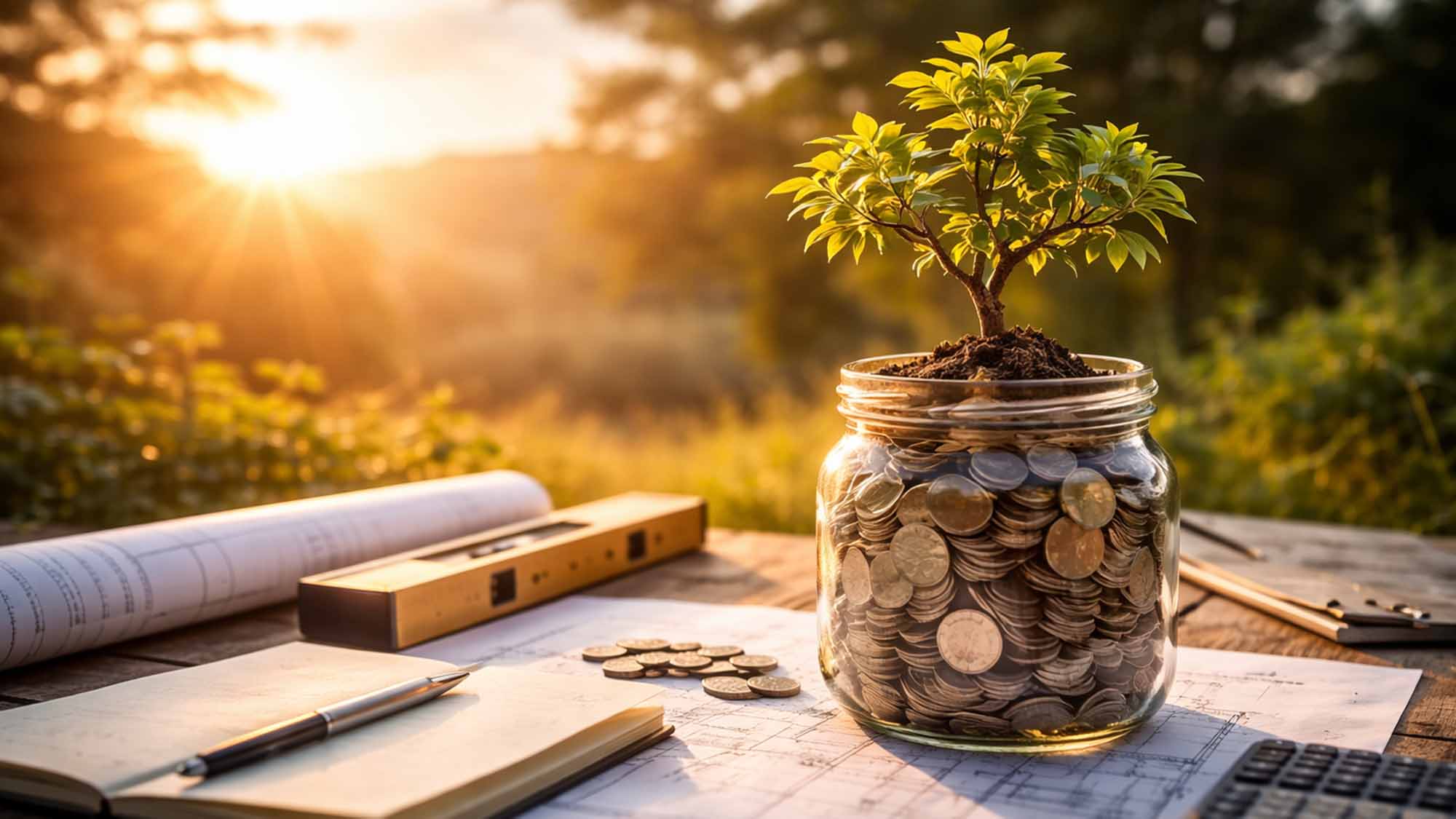 plant growing from coins in a jar
