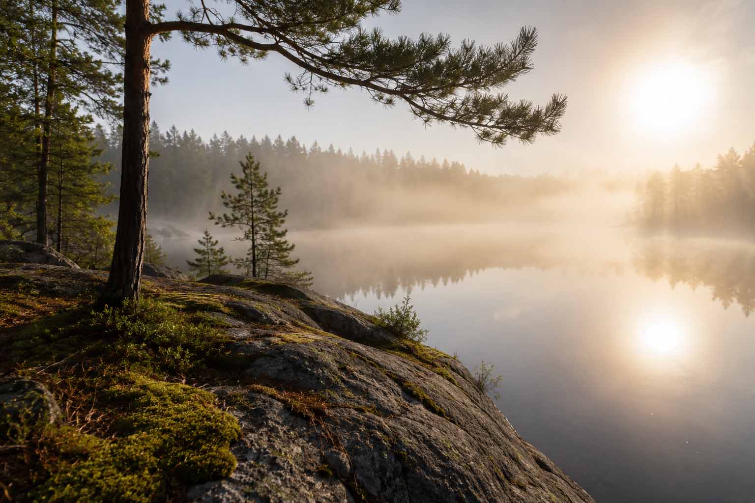 serene scene with a body of water and pine trees