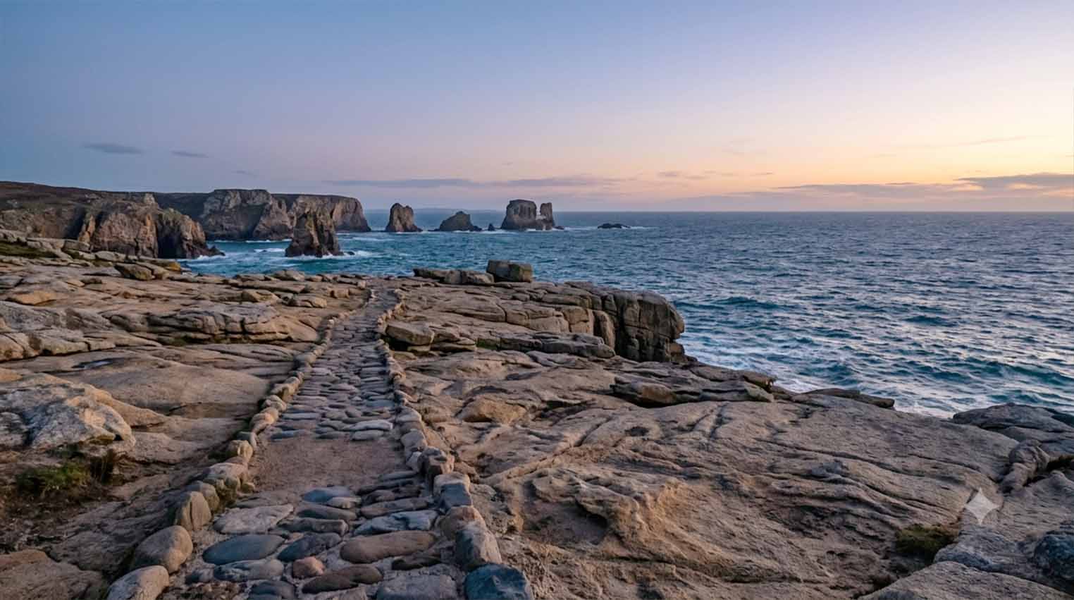 ocean with rock path on a rocky beach