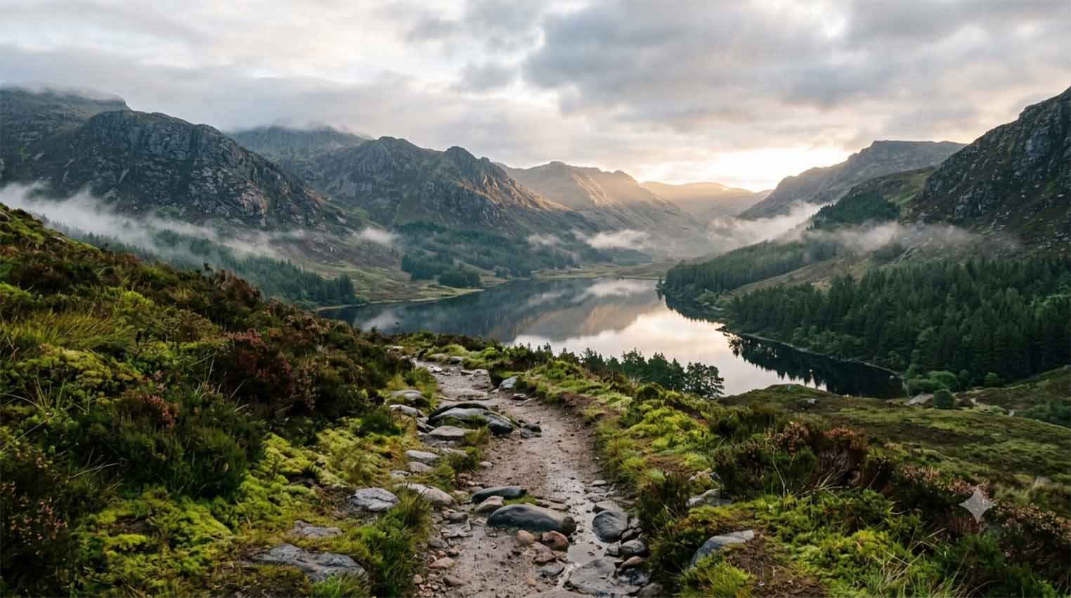 long shot of green mountains with a path and a river