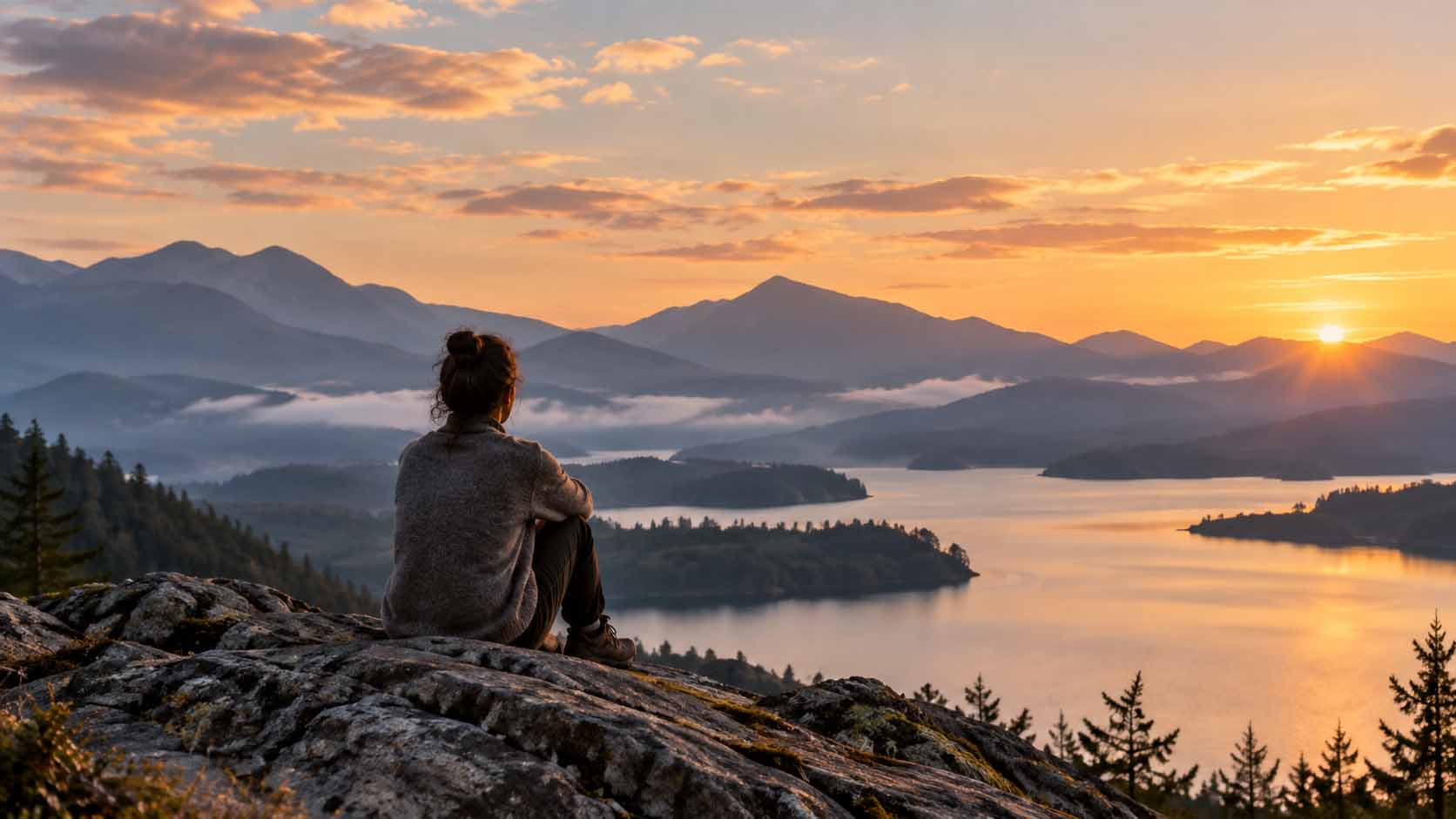 Person sitting looking over a river toward the mountains at dusk
